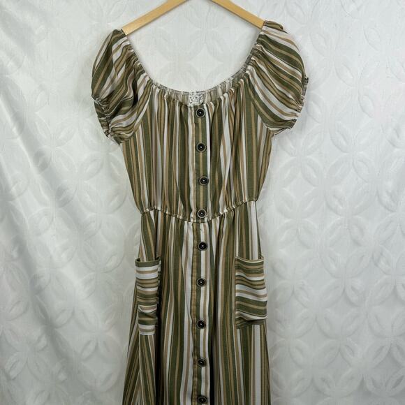 Naif Stripped Milkmaid Boho Earth Tone Midi Button Down Dress Size S - Picture 4 of 10